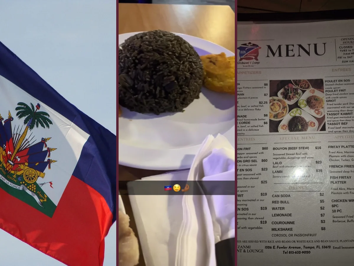 Plated Haitian dishes on a restaurant table.