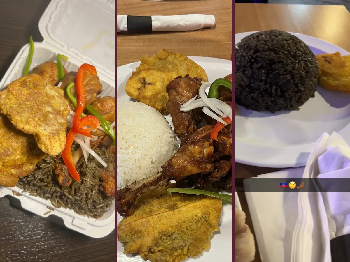 Colorful Caribbean plates with rice and plantains.
